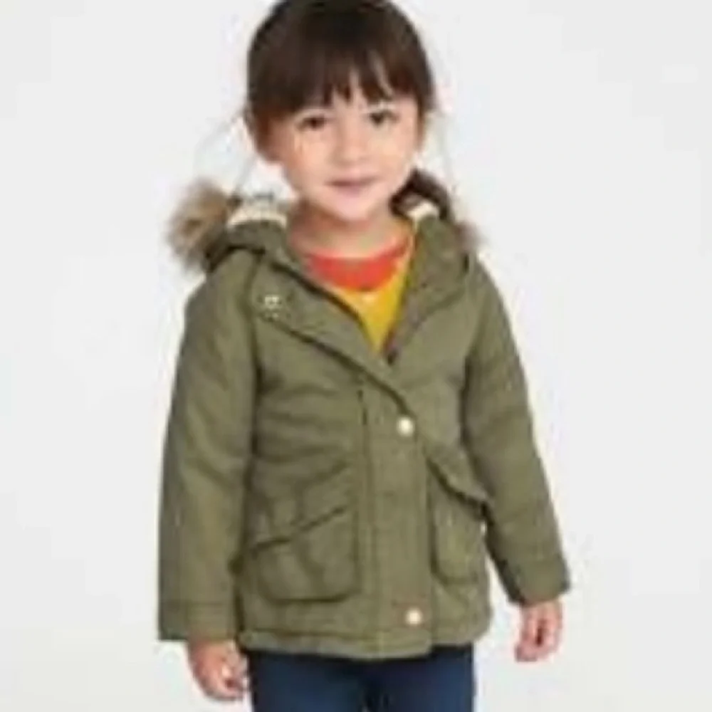 Warm Hooded Winter Coat Fur Trim Hood Jacket Old Navy Olive Khaki Green Size 4T